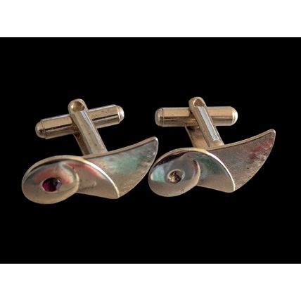 NOS Vintage Set Of Mens Cuff Links Tie Tack Gold Toned Fan Shape Sixties