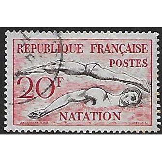 Mi 978: 20 Fr. red/black-brown Definitive Stamp: Sport: Swimming.