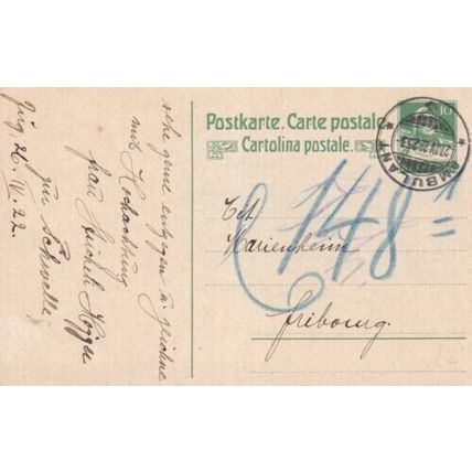 Switzerland 1922 10c William Tell postcard Ambulant-Fribourg written VGC