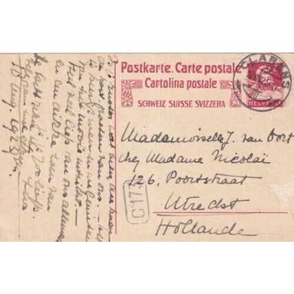 Switzerland 1923 William Tell 25c postcard Clarens-Utrecht Holland written VGC