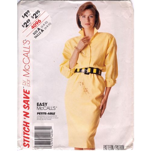 McCalls 4096 Sewing Pattern Misses Pullover Long Sleeved Dress Size 6 8 10 Uncut