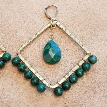 Green & Gold Wire Wrapped Bead Square Earrings