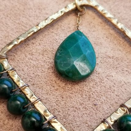 Green & Gold Wire Wrapped Bead Square Earrings
