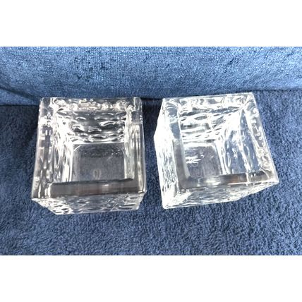 (2) Gold Canyon Heavy Blooming Crystal Clear Glass Blocks/ Cubes Votive Holders