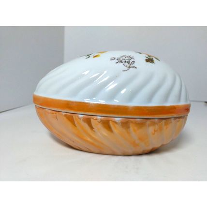 Norleans Japan Egg Shaped Trinket Box Dish /Porcelain Yellow Flower Vintage!