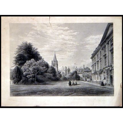FRONT OF CORPUS CHRISTI COLLEGE FROM THE GARDEN 1850s John Le Keux ENGRAVING