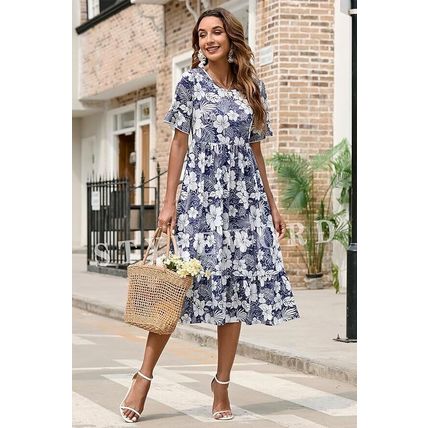 STYLEWORD Women Summer Dress Floral Short Sleeve Ladies Casual Swing Midi Dress