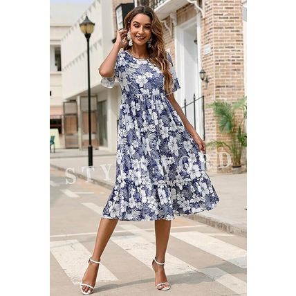 STYLEWORD Women Summer Dress Floral Short Sleeve Ladies Casual Swing Midi Dress