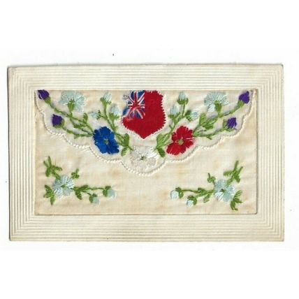 WW1 Embroidered Silk Postcard, Flowers, Flag.