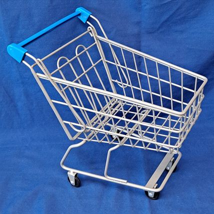 Min/Small METAL SHOPPING CART Rolling Wheels Toy Doll Decor Display 10" Basket