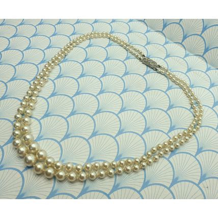 Vintage 1950s Double Strand Glass Pearl Bead Necklace with Sterling Silver Clasp
