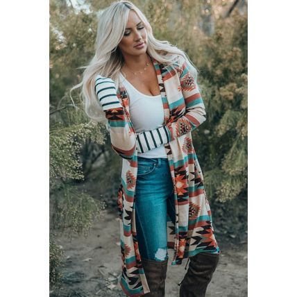 Multicolor Geometric Color Block Open Front Long Cardigan