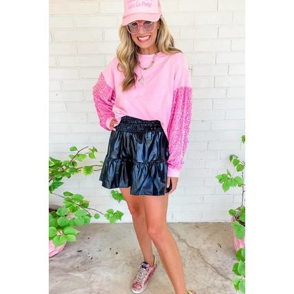 Pink Sequin Patchwork Long Sleeve Pullover Top
