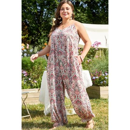 Multicolour Plus Size Paisley Print Sleeveless V Neck Jogger Jumpsuit