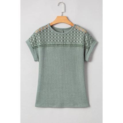 Mist Green Lace Patchwork Waffle Short Sleeve Top