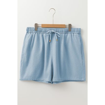 Beau Blue Washed Chambray Drawstring Elastic Waist Plus Size Shorts