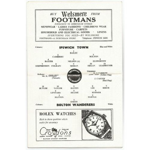 1963-64 IPSWICH TOWN v BOLTON WANDERERS (Very Good Condition - No Writing)
