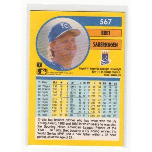 1991 Fleer Bret Saberhagen baseball card #567 – Royals