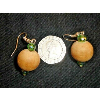 Totally unique 16mm wood & green crystal glass dangle earrings