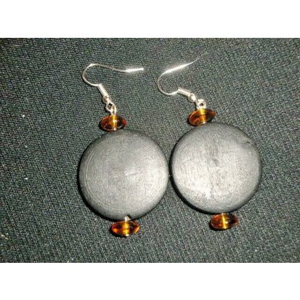 Fabulouse large flat black wood & orange glass button swing earrings