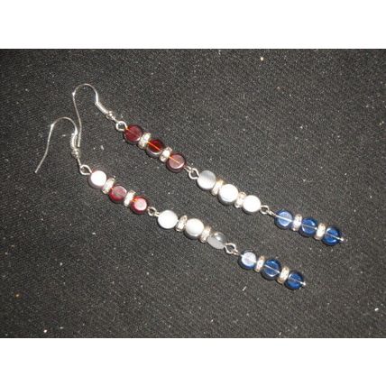 Delicat small silver dipped red white & blue round glass bead long drop earrings