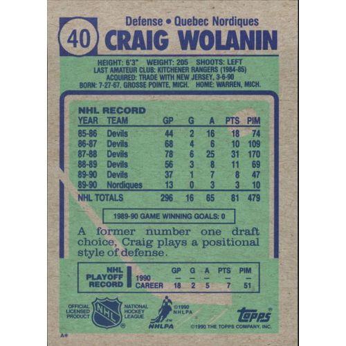 1990/91 Topps Hockey Craig Wolanin ROOKIE