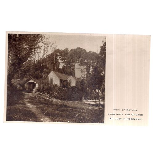 LYCH GATE AND CHURCH, ST. JUST-IN-ROSELAND, CORNWALL unused vintage postcard =
