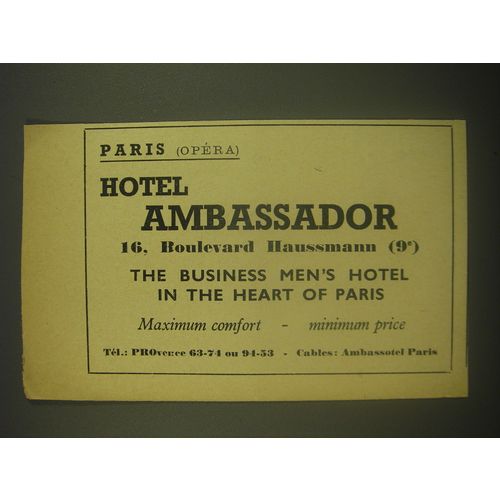 1962 Hotel Ambassador Ad - Paris (Opera) Hotel Ambassador 16, Boulevard