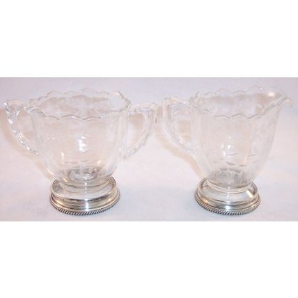 Vintage Etched Glass Floral Sugar & Creamer Set with Sterling Silver Bases