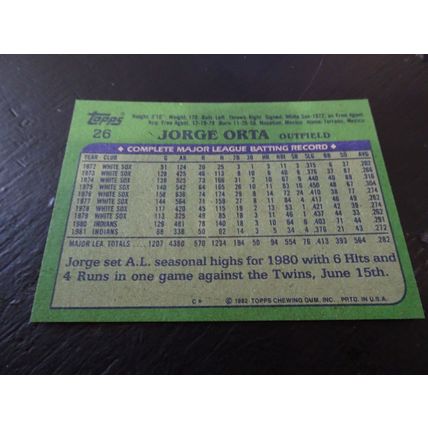 1982 Topps Card # 026A Jorge Orta Excellent-Mint (6) Cleveland Indians