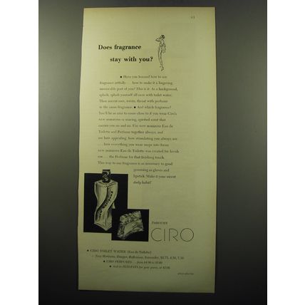 1950 Ciro New Horizons Eau de Toilette and Perfume Ad - Does fragrance stay