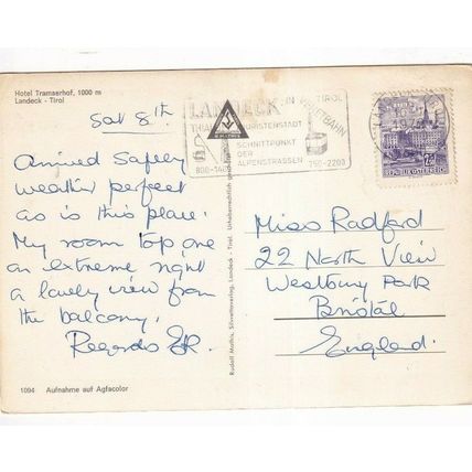 Hotel Tramserhof Landeck Tirol Austria Postcard posted 1972 crease