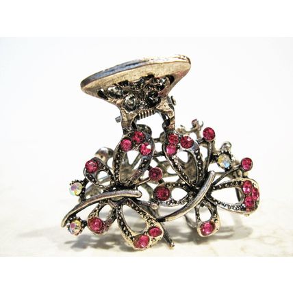 Jeweled antique style silver metal butterfly hair claw clips with crystals