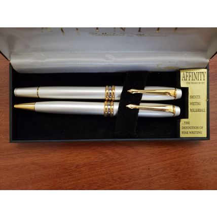 Brand New Affinity Rollerball & Ballpoint Pen W/Case Pearl Color with gold trim