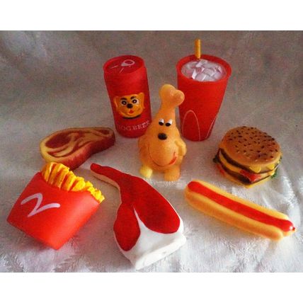 BARGAIN FOOD THEMED DOGGY TAKEAWAY VINYL SQUEAKY DOG TOYS SML-MED 7 or 14 toys