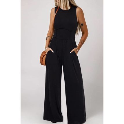 Black Cinched Waist Sleeveless Wide Leg Jumpsuit