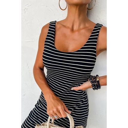 Black Stripe Ribbed Knit Sleeveless Mini Dress