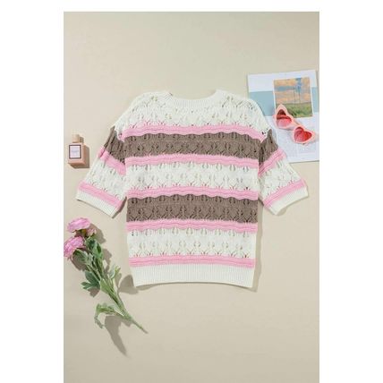 Brown Stripe Color Block Hollow Out Crochet Half Sleeve Sweater