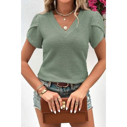 Mist Green V Neck Petal Sleeve Waffle Knit T-Shirt