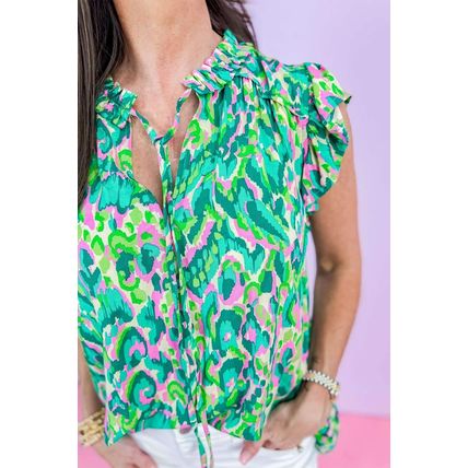 Green Abstract Print Ruffled Trim Tied Split Neck Tank Top