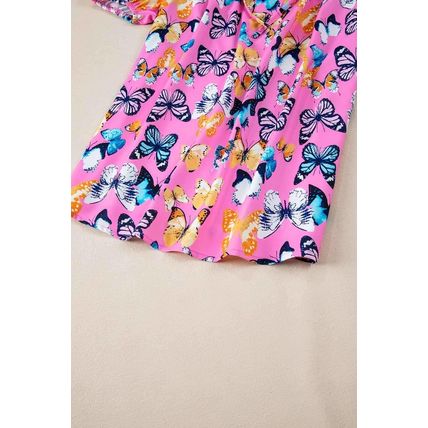 Purple Butterfly Print Ruffled Puff Sleeve Tied V Neck Blouse