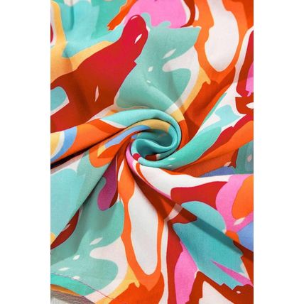 Rose Red Abstract Print Drawstring V Neck Half Sleeve Blouse