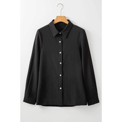 Black Solid Color Textured Buttoned Turn Down Collar Shirt