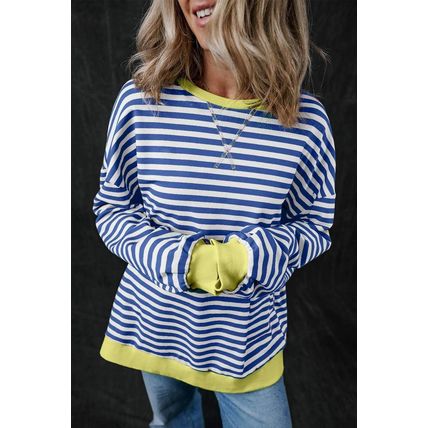 Blue Stripe Oversized Contrast Trim Pullover Sweatshirt