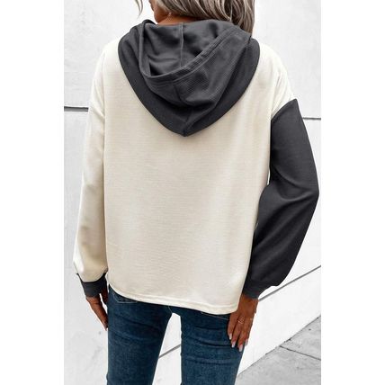 Dark Grey Waffle Colorblock Buttons Placket Drop Shoulder Drawstring Hoodie