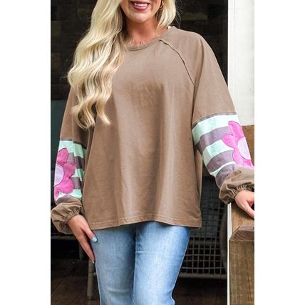 Light French Beige Flower Striped Patchwork Puff Sleeve Loose Sweatshirt