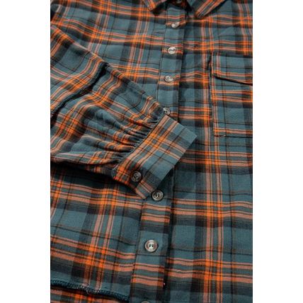 Green Plaid Long Sleeeve Side Split Distressed Hem Shirt