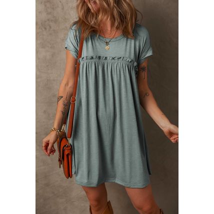 Mist Green Frilled Gathered Seam Round Neck T Shirt Dress