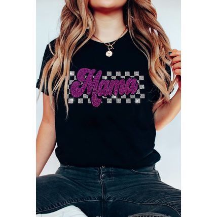 Black Rhinestone Mama Letter Graphic T Shirt