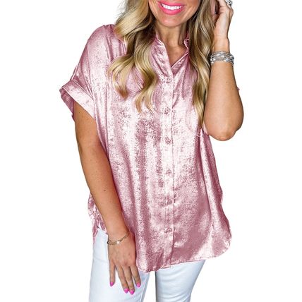 Pink Metallic Sheen Short Sleeve Buttoned Front Casual Shirt